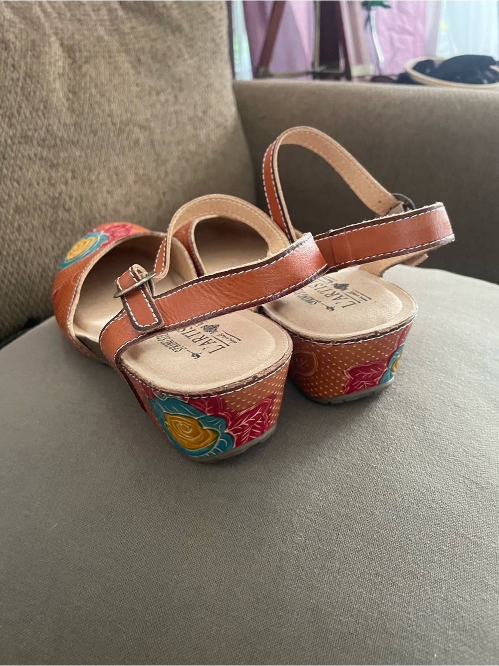 Brown Floral Embroidered Ankle-Strap Flats - Women's by Spring Step - Picture 3 of 9